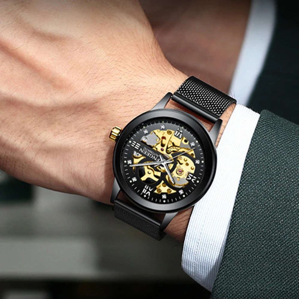 Часы мужские механические со стальным сетчатым браслетом и бриллиантами |