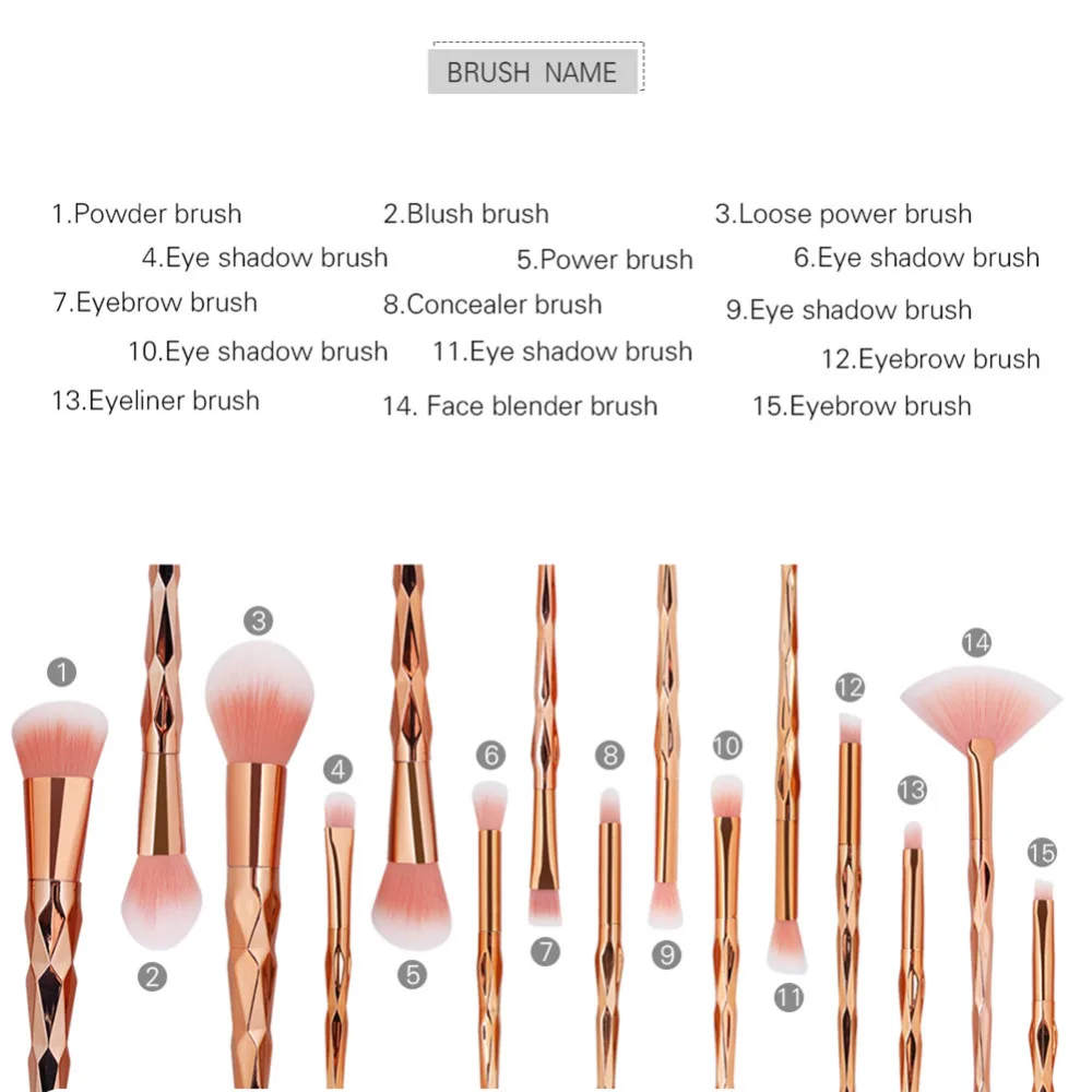 

15Pcs Diamond Makeup Brushes Beauty Cosmetic Professional Foundation Blush Eyeshadow Lip Powder Brushes Face Makeup Tools Kit