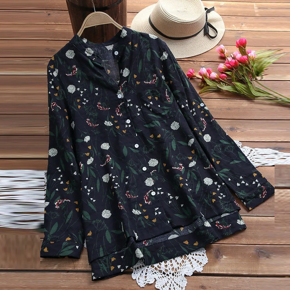 Для женщин Boho Цветочный принт Oversize Винтаж хлопок белье свободные летний топ