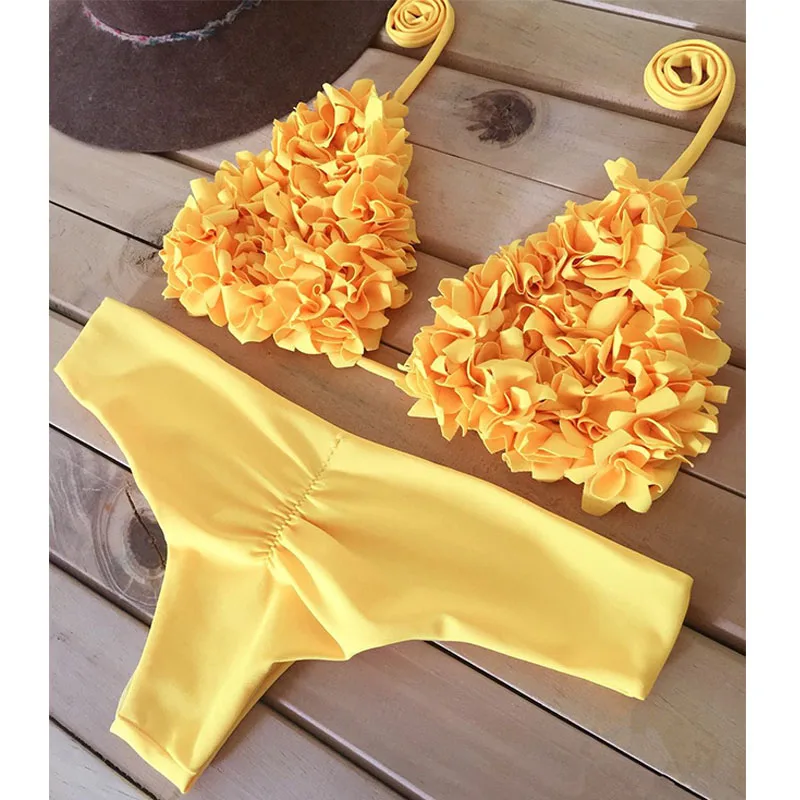 VIEUNSTA Sexy Women flower Bikini Swimwear New Halter Printed Set Swimsuit string Push Up brazilian Biquini Bathing suit |