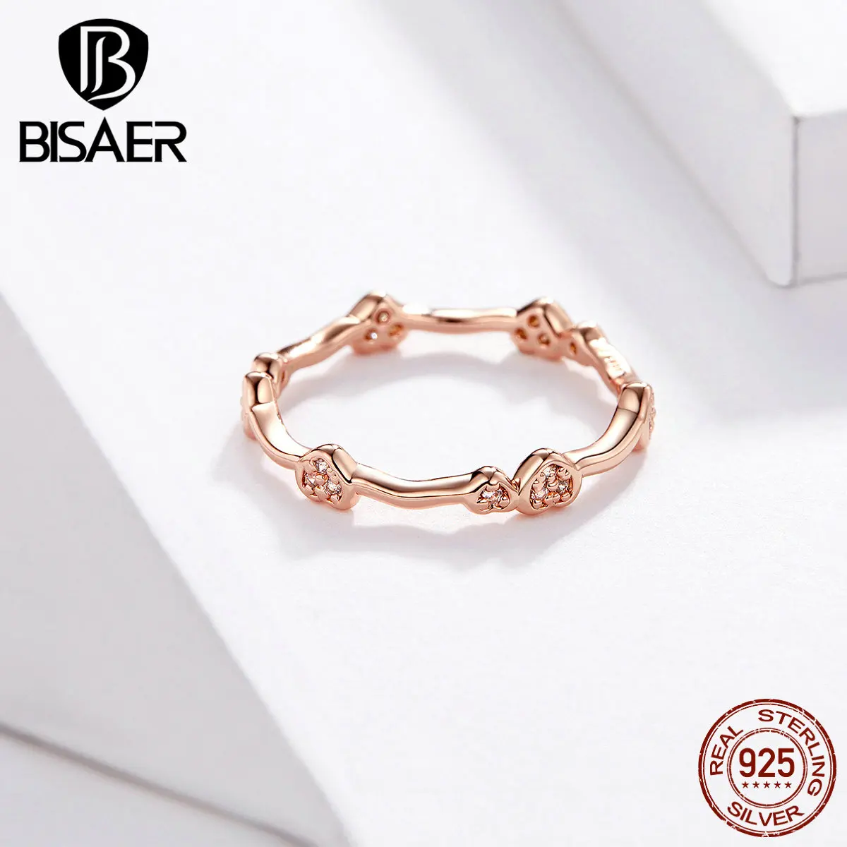 BISAER сердце кольца для женщин 925 пробы серебряные круглые кольца на пальцы розовое золото цвет любовь сердце Свадебные Анель ювелирные изделия ECR519