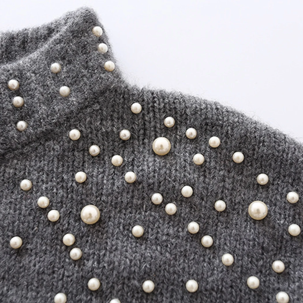 Women Pearl Beading Knitted Sweater Turtleneck Winter Warm Loose Jumper Female Lantern Sleeve Gray Sweaters Pullover | Женская одежда