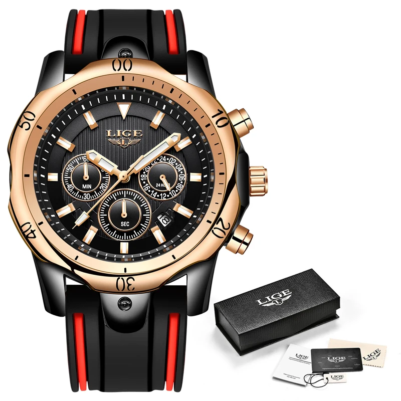 LIGE мужские спортивные часы с хронографом силиконовый ремешок кварцевые