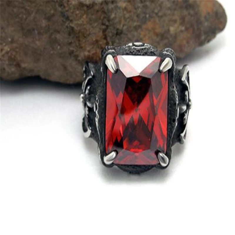 New Punk Style Red Glass Ring Men's Vintage Jewelry High Quality Big Square Stones Finger Rings For Man Titanium Steel | Украшения и