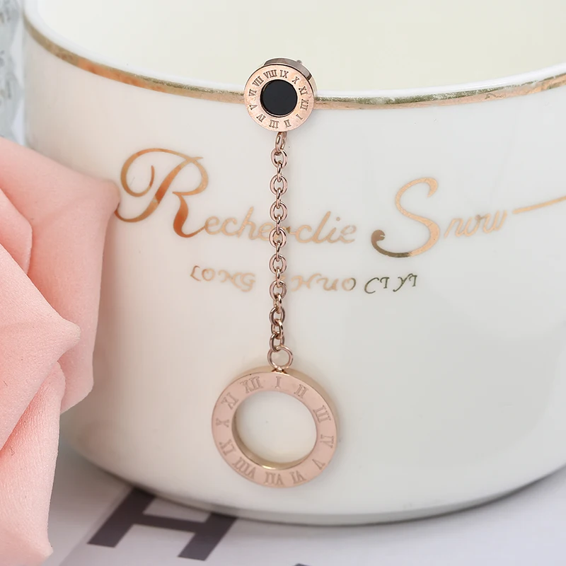 Fashionable Stainless Steel Rose Gold Color Roman Number Figure Round Dangle Tassel Earrings Korean Long Earring | Украшения и