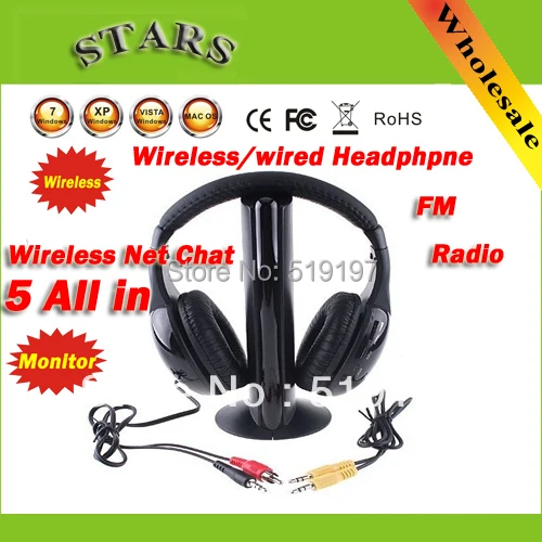 5 в 1 HIFI беспроводные наушники гарнитура беспроводной монитор FM-радио для MP4 ПК ТВ