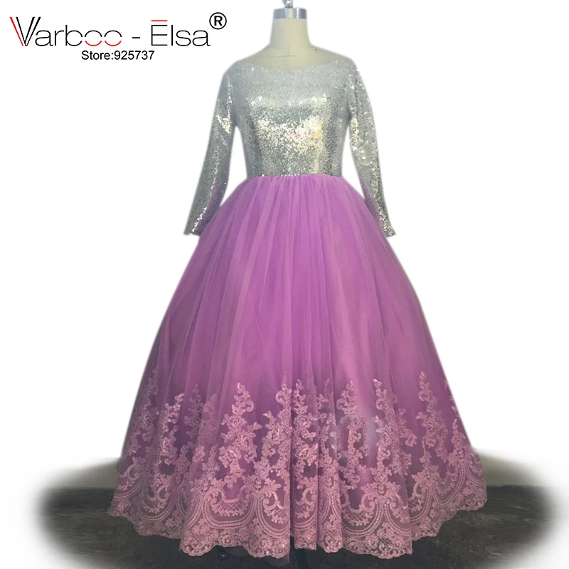 

VARBOO_ELSA 2018 Fashion Silver Prom Dresses O Neck Appliqued Ankle Length Formal Dress Long Sleeve Saudi Arabia Ball Gowns