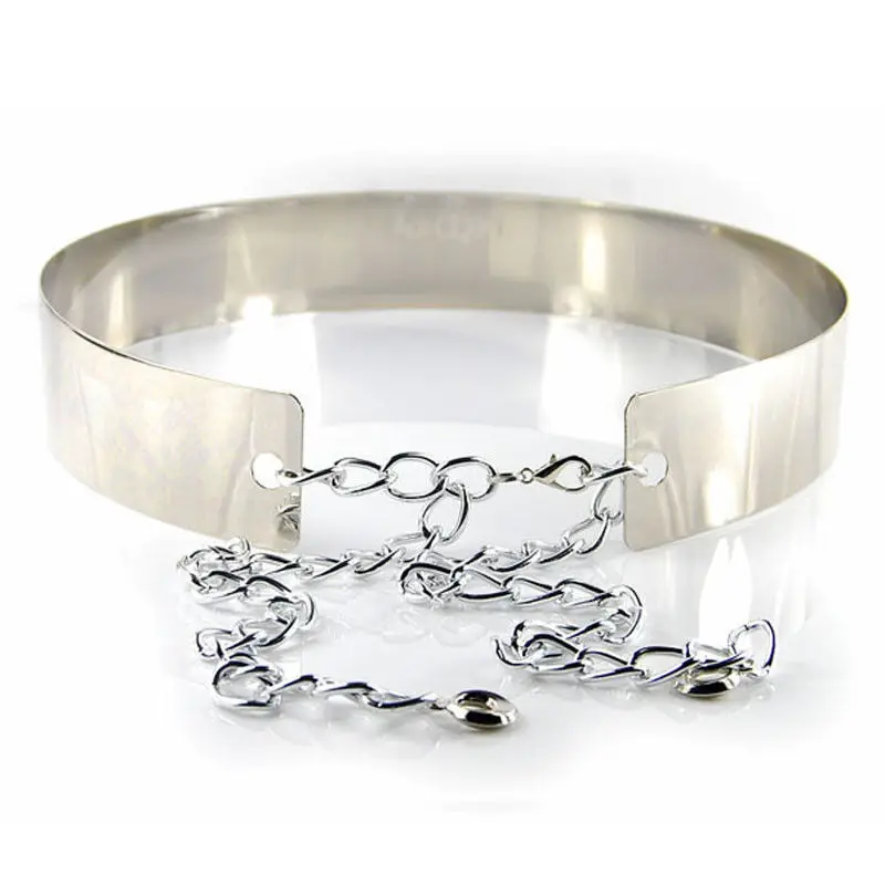 

Women Full Metal Waist Mirror Wide Gold Silver Plate Waistband Chains Belt