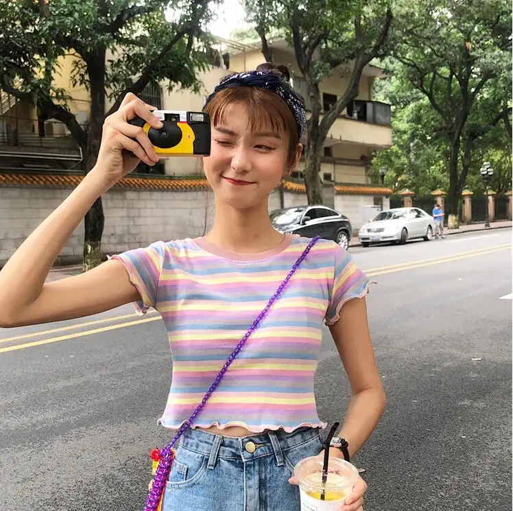 

Summer Women Harajuku Rainbow Striped Short Sleeve T-shirt