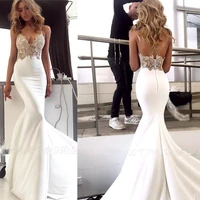 sexy v neck soft satin crossed straps back mermaid wedding dress with lace applique sweep train backless bridal party dress