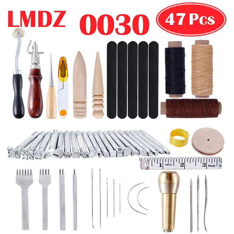 0030 47Pcs 1Set LMDZ Наборы инструментов для кожевенного ремесла, Ручное шитье, инструмент для шитья, седло, грувер-пробойник, набор инструментов, дерево, металл - Цвет: 0030 47Pcs 1Set