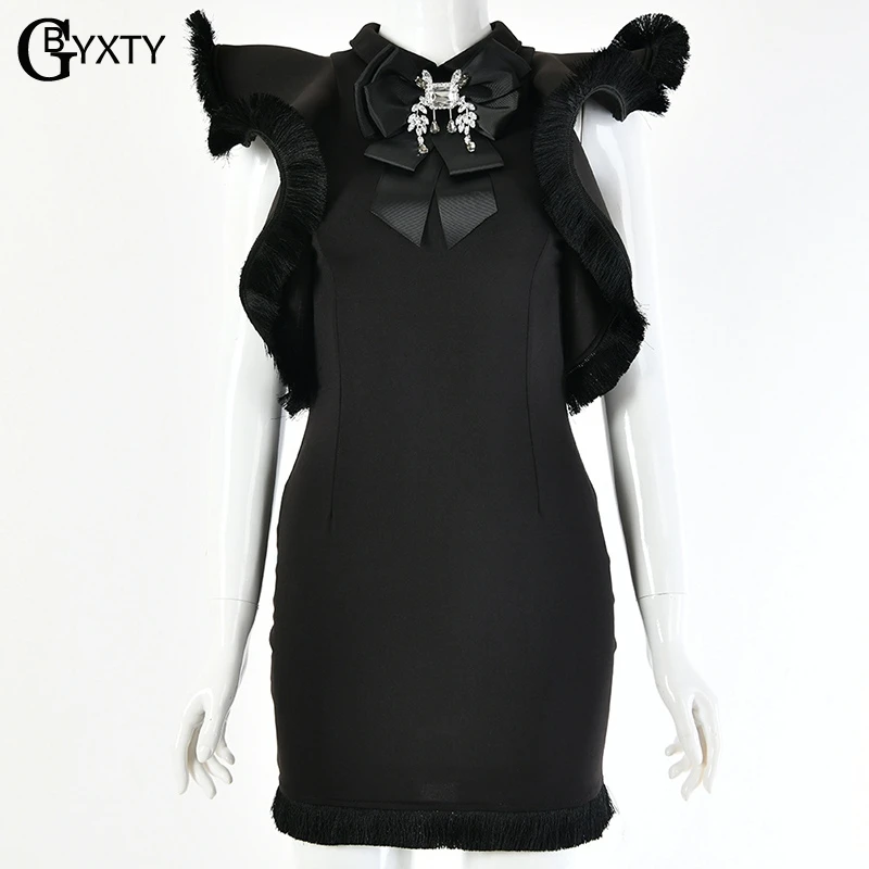 GBYXTY Vintage Butterfly Sleeve Tassel Party Dress Vestido Women Summer Bow Collar Bodycon Black White Elegant ZA1551 | Женская одежда