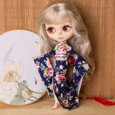 deep blue Новое поступление, 1 шт., 1/6 платье для куклы Blyth, голубое, розовое цветное кимоно, одежда для Барби, лички, Курна 30 см, Одежда для куклы, 5 цветов - Цвет: deep blue
