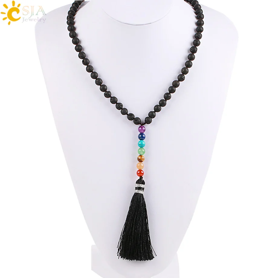 CSJA натуральный камень черный вулканическая лава бусы длинное ожерелье 7 Чакра