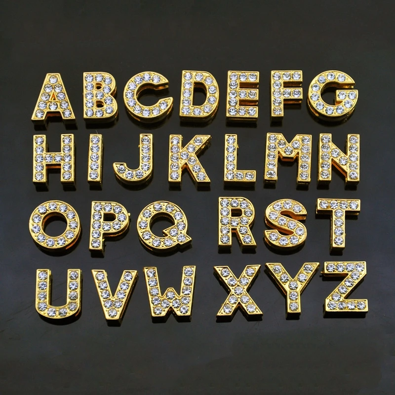 

130PCS 8mm Gold Clear Rhinestone Letters A-Z Slide Charms Slide Beads DIY 8mm Bracelets Wristbands,Belt Straps Pet Name Collar