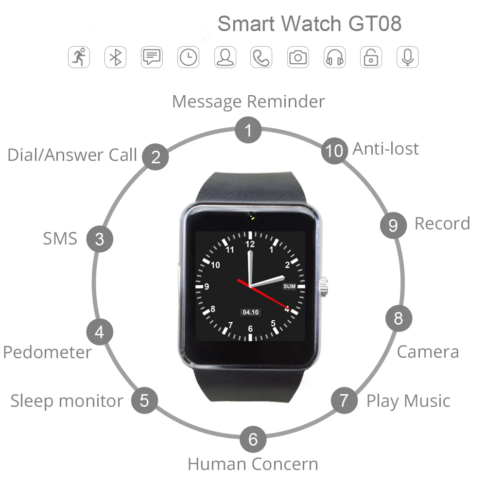 Смарт-часы GT08 Bluetooth мужские с сенсорным экраном умные часы с большой батареей поддержка TF sim-карты камера для IOS iPhone Android телефон