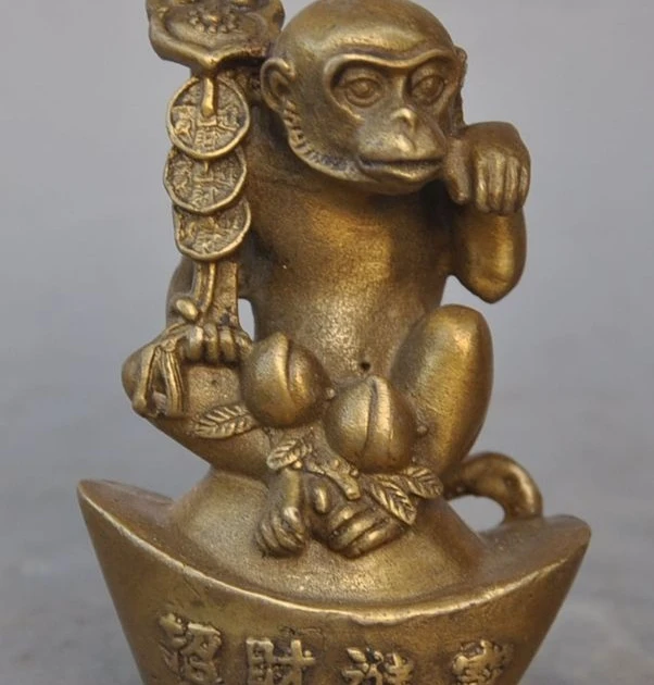 

9.5cm china fengshui brass wealth money ruyi Peaches zodiac monkey lucky statue