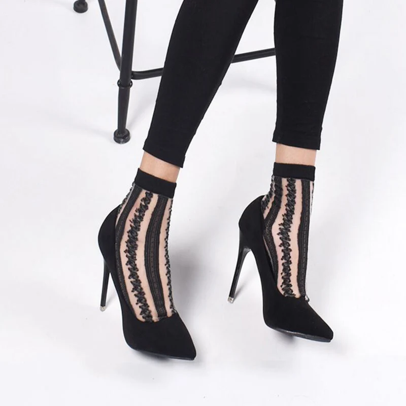 ZZIYEETTM 1 Pair Sexy Lace Mesh Fishnet Socks Women Ultrathin Transparent Crystal Silk Elastic Ankle Short | Женская одежда