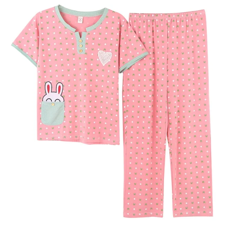 MT1843 pink Летний хлопковый топ с короткими рукавами+ длинные штаны, комплекты из 2 предметов, пижамный комплект для женщин, милая одежда для сна, пижама для девочек, Размеры M, L, XL, XXL, XXXL - Цвет: MT1843 pink