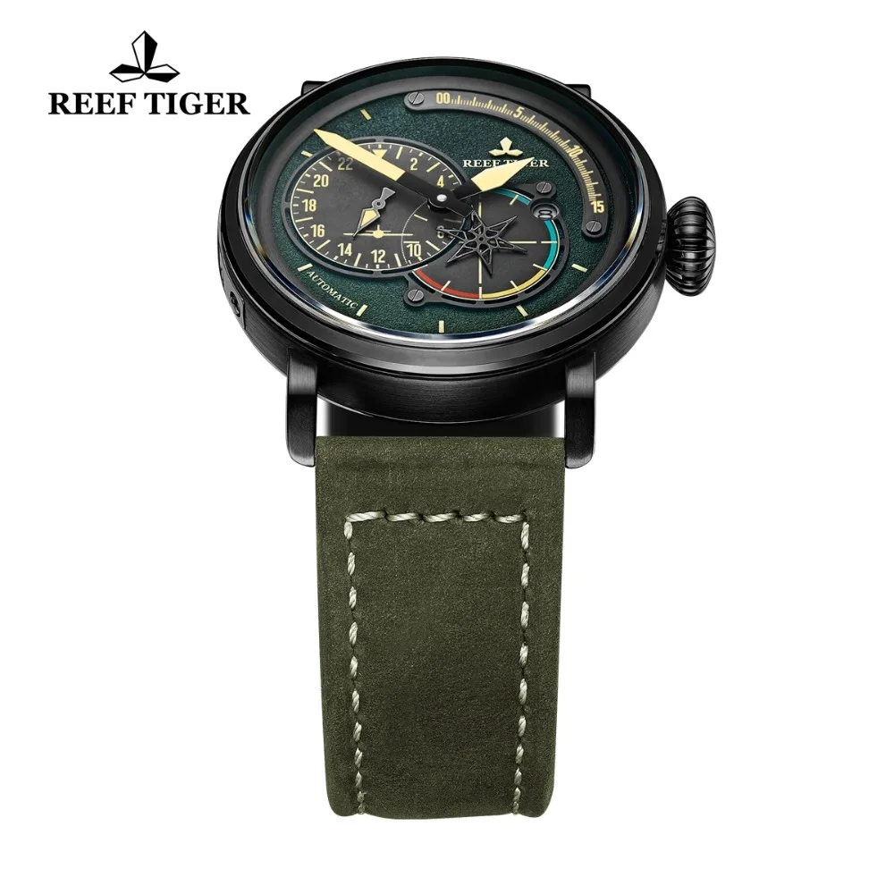Часы Reef Tiger/RT из черной стали, военные часы для мужчин, ремешок из натуральной кожи, автоматические часы-пилот с датой RGA3019
