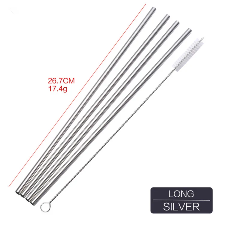 Silver Straight 4 шт Металлические питьевые соломинки многократного использования Красочные нержавеющей стали соломы+ 1 щетка Металл напиток Yerba сок бар аксессуары вечерние - Цвет: Silver Straight