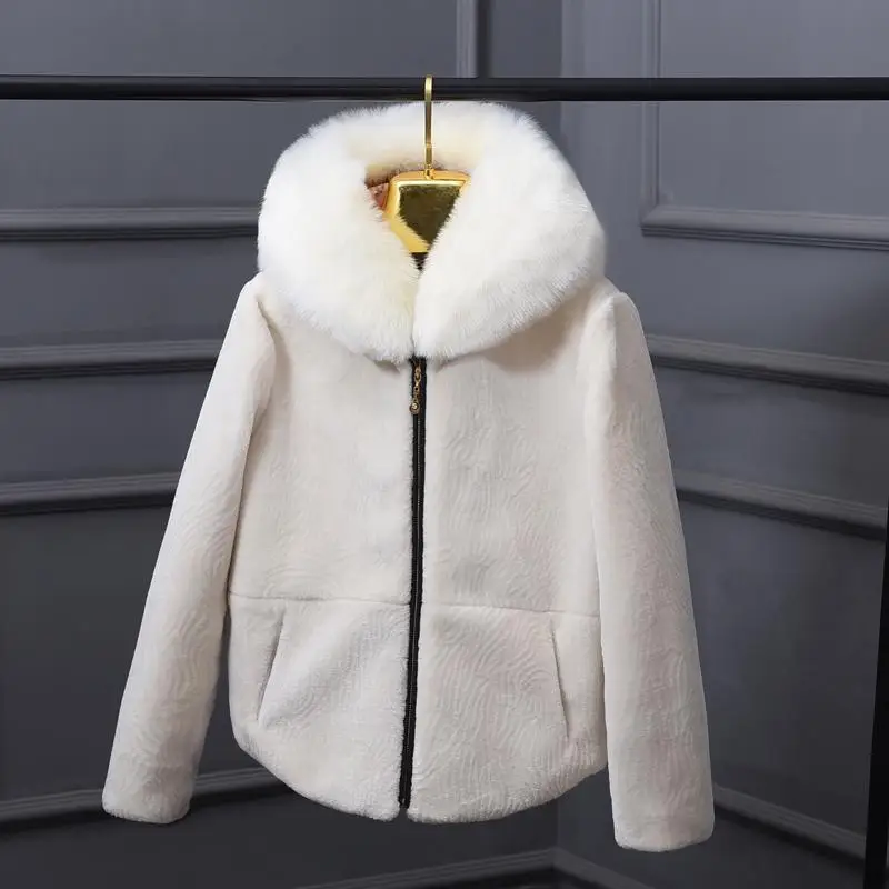 beige Зимнее пальто из овечьей шерсти с воротником из лисы, очень хорошее качество, роскошное зимнее женское пальто из искусственного лисьего меха, тонкая женская куртка из искусственного меха wj1765 - Цвет: beige