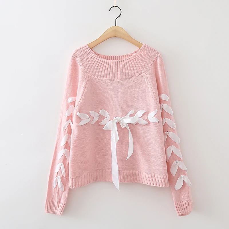 Fresh Style Fashion Lady Knitwear Women Casual Tops Sweater Autumn Knitted Plus Size Split Female Pullover with Lacing | Женская одежда
