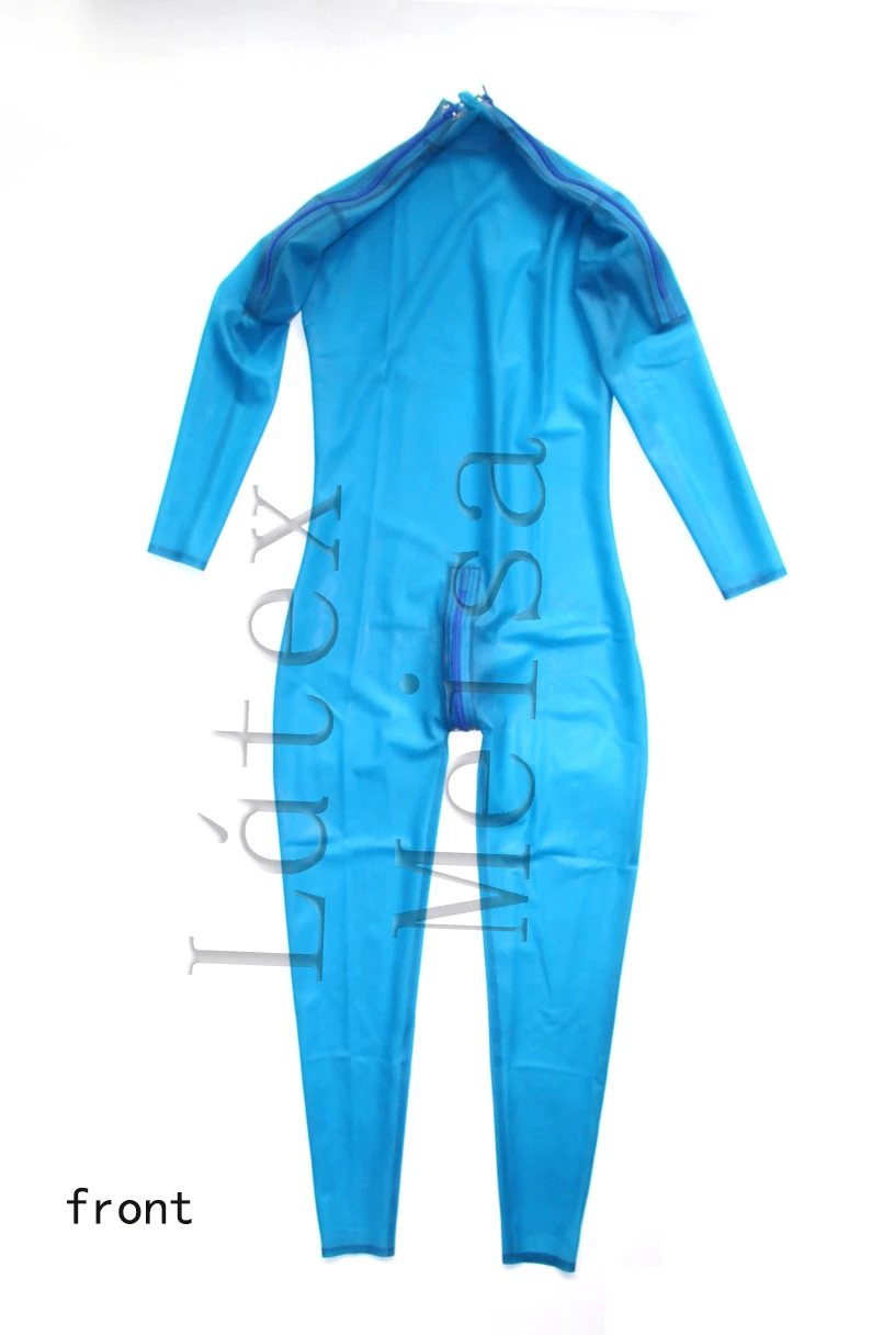 

Men's 100% natural 0.3mm heavy latex catsuit rubber tight suit attached shoulders and crotch zippers in transparent blue color