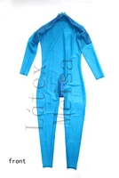 mens 100 natural 0 3mm heavy latex catsuit rubber tight suit attached shoulders and crotch zippers in transparent blue color