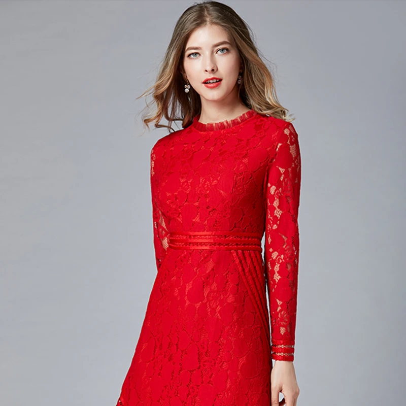 Женское платье с круглым вырезом кружевное большого размера в стиле пэчворк для