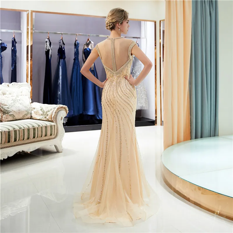 

Gold Prom Dresses 2019 with train mermaid prom dress high neck illusion ruched floor length tulle evening dress vestidos