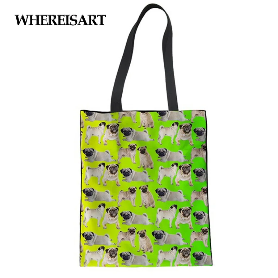 WHEREISART 3D мопса Печать холст Большие женские хозяйственные льняные сумки Сумки