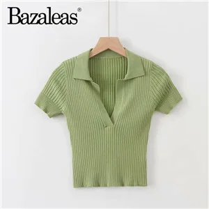 AP2 green 1902 Bazaleas Базовая модная укороченная футболка Повседневная трикотажная Синяя Женская футболка винтажный укороченный топ Женская футболка Прямая - Цвет: AP2 green 1902