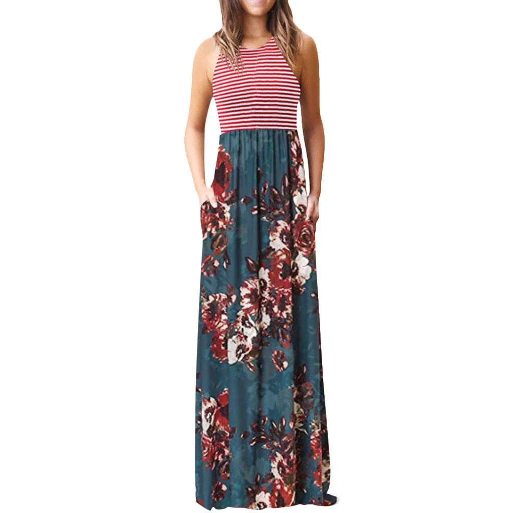 Женское длинное платье в полоску без рукавов с круглым вырезом повседневное