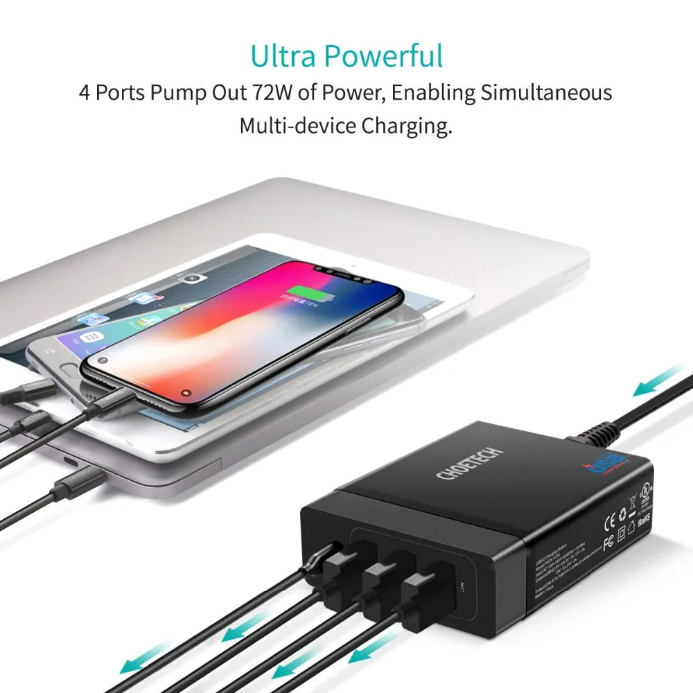 CHOETECH зарядное устройство USB multi usb C 72 Вт 4 порта Тип PD станция type-C для MacBook Pro iPad iPhone XS