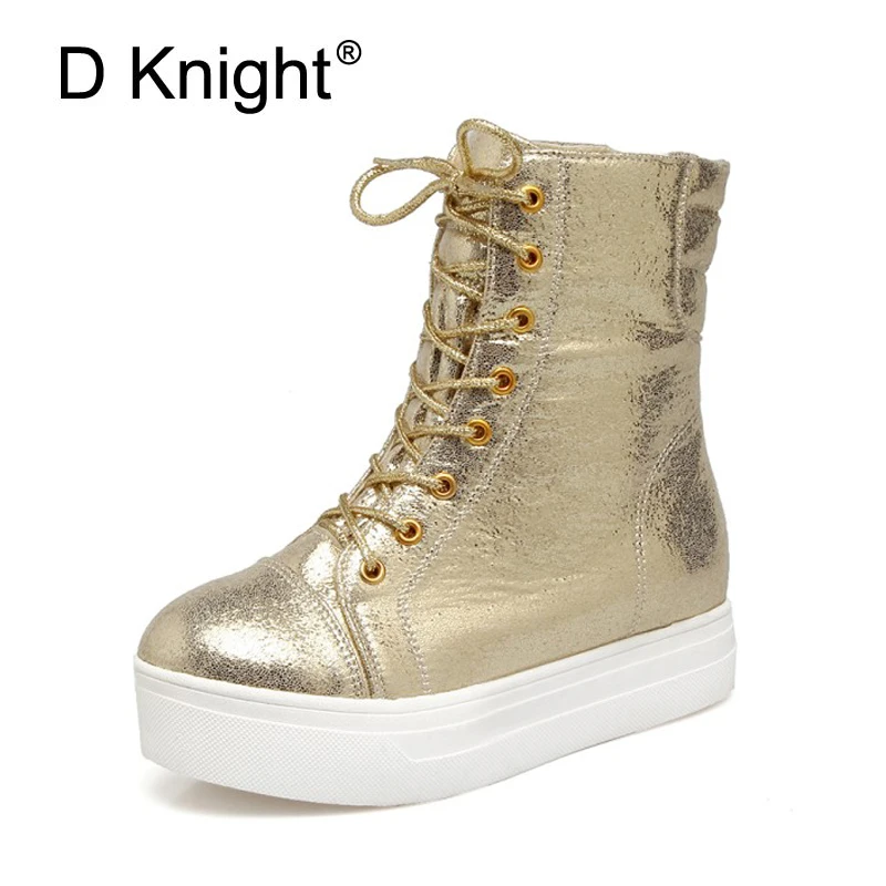 

New Ladies Casual Lace Up Ankle Boots Fashion Gold Silver Black Women Sneakers 2018 Platform Shoes Woman Women's Winter Boots