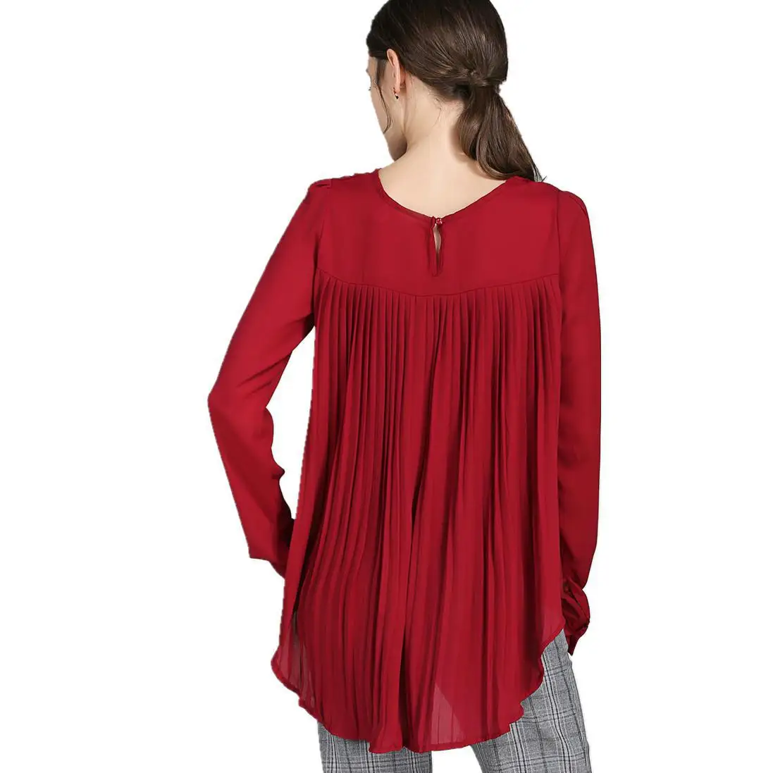 2018 новые летние свободные блузки складки Махаон с длинными рукавами и круглым