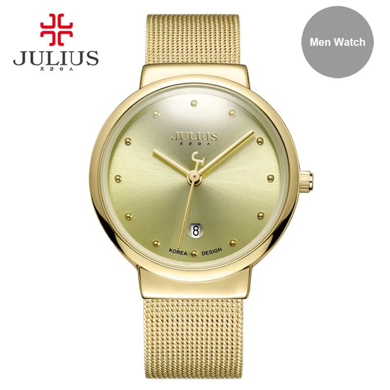 JULIUS JA-426L женские ультра тонкие серебряные золотые коричневые Черные Сетчатые модные повседневные часы из нержавеющей стали женские водонепроницаемые наручные часы - Цвет: gold men