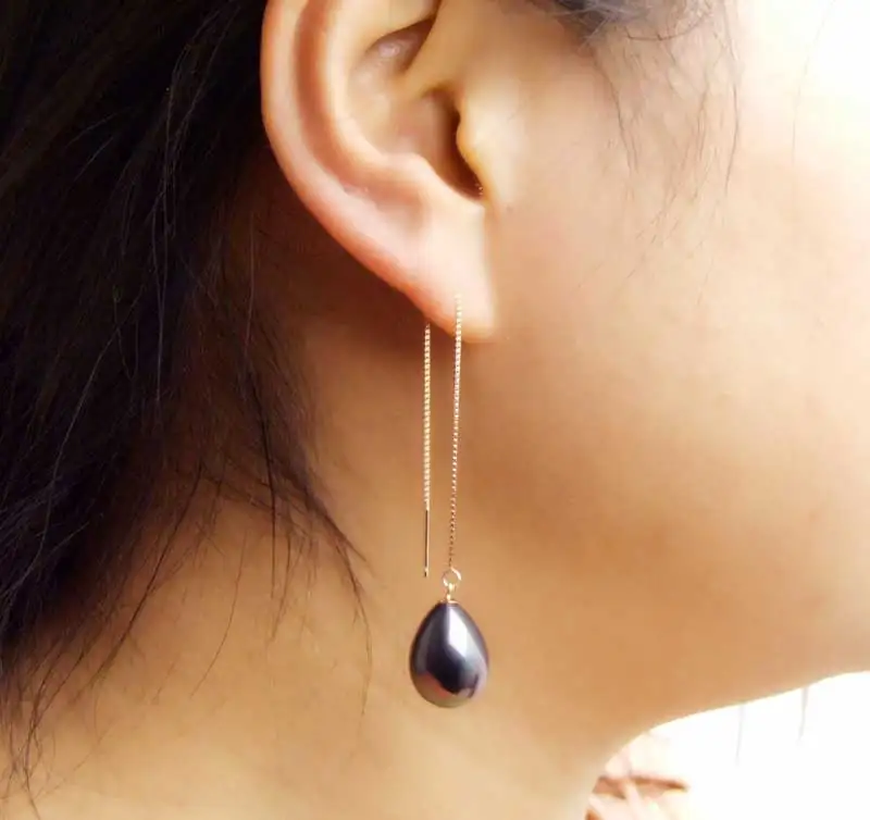 Fashion 12*16mm Black Drop Sea shell pearl and Rose Gold sterling silver s925 Ear Line dangle 4'' Earring-ear673 Free shipping |