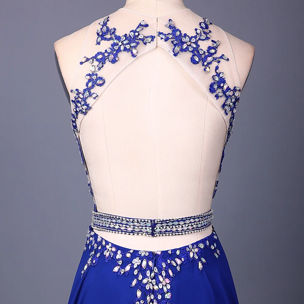 Сексуальные ярко синий шифон совок шеи Длинные вечерние платья 2017 аппликации