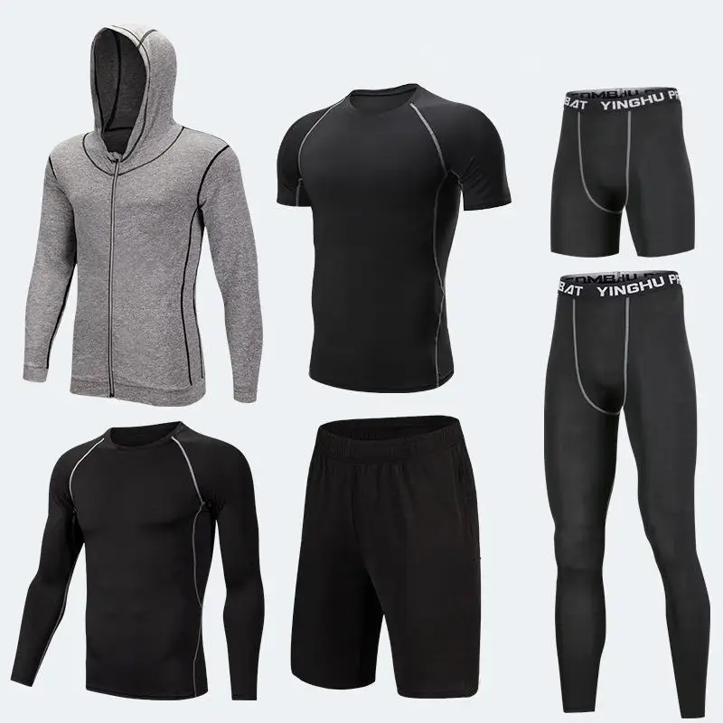6pcs JY grey set Мужские Компрессионные спортивные костюмы, трико для спортзала, тренировочная одежда, комплект для тренировок, бега, спортивный костюм для бега, сухая посадка размера плюс - Цвет: 6pcs JY grey set