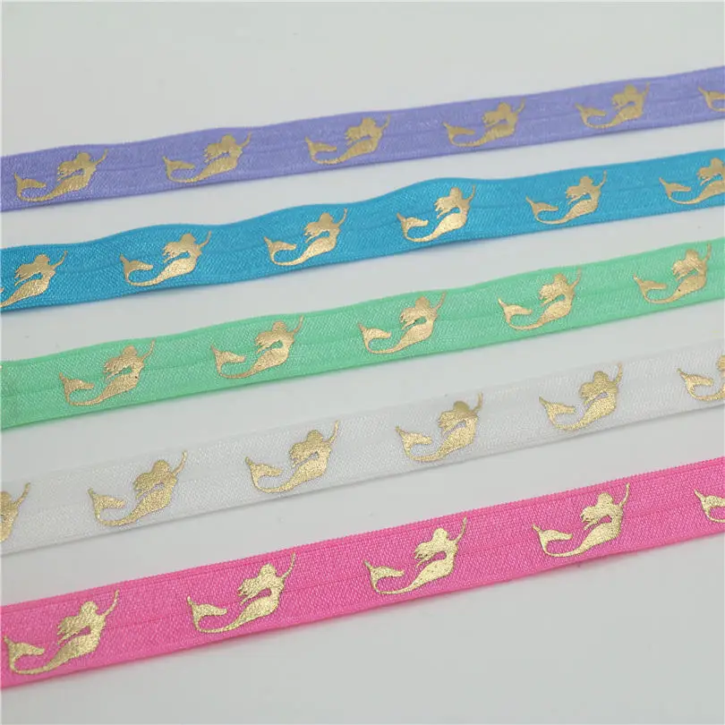

DHK 5/8'' Free Shipping Foil Gold Mermaid Printed Fold Elastic FOE Headband Headwear Hairband Diy Decoration Sewing OEM S646