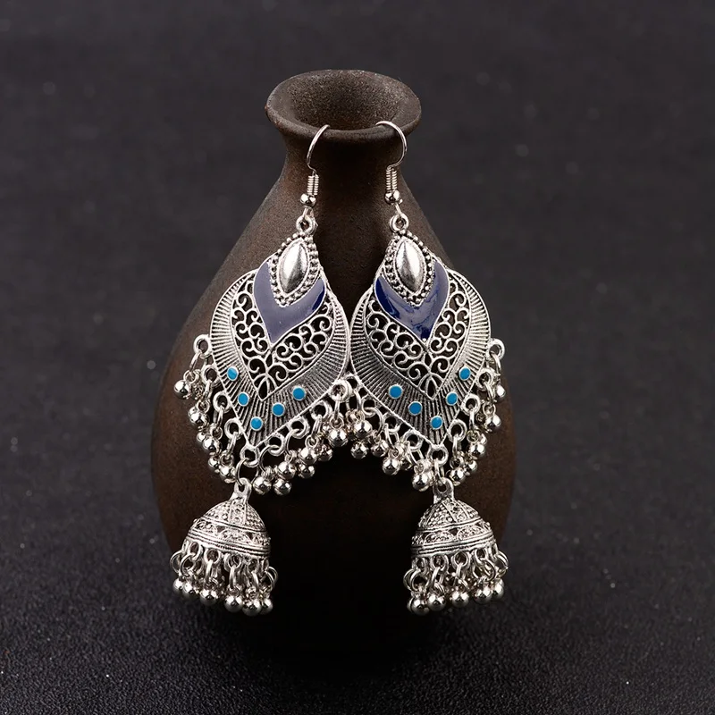 DOUVEI индийские ювелирные изделия Jhumka серебристого цвета полые колокольчики Эффектные серьги богемные винтажные этнические серьги капли воды для женщин