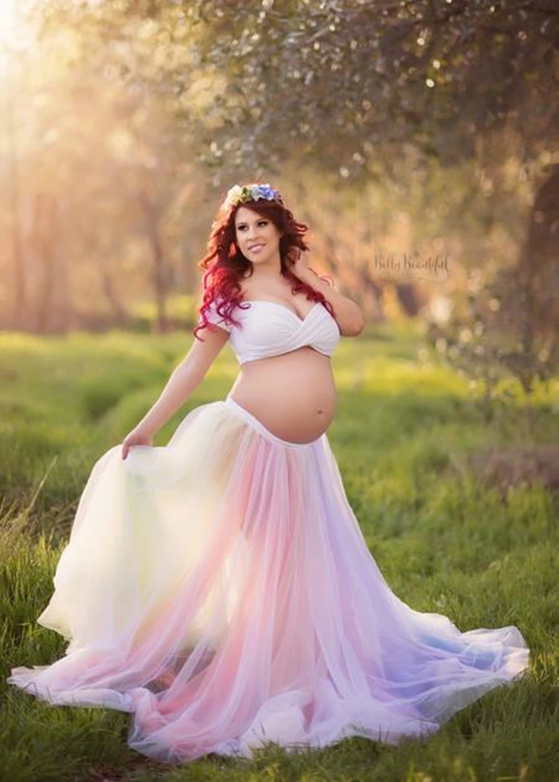 Платье с радужной фатиновой юбкой для беременных милый топ сердечком и Радужная