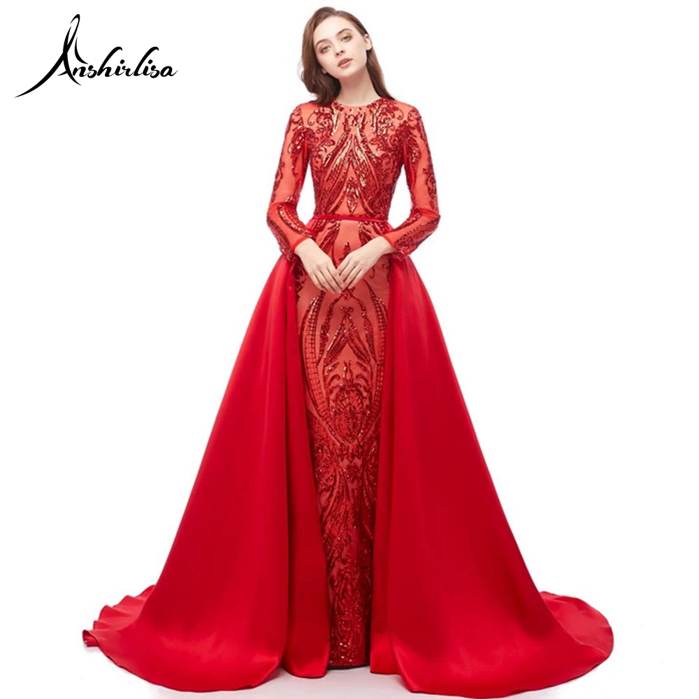 Red Anshirlisa/женское мусульманское вечернее платье Русалочки с длинным рукавом со съемным шлейфом, арабское вечернее платье с блестками, атласное платье для выпускного вечера - Цвет: Red