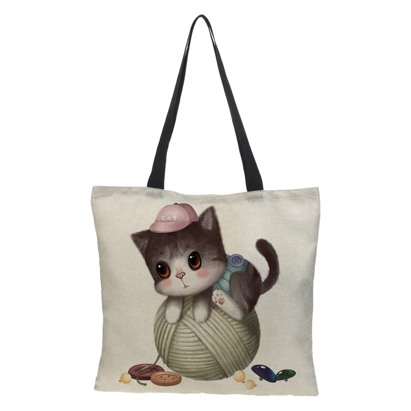 Женская льняная Сумка тоут с принтом кошки 43 х43 см|Хозяйственные сумки| |