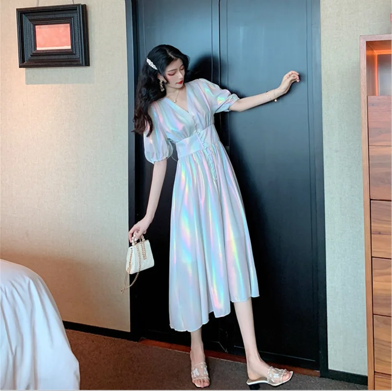 Летние Платье с радугой Для женщин 2019 Мода v-образным вырезом Высокая Талия