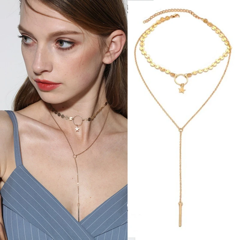 Ожерелья с блестками двухслойная цепочка подвеска длинное ювелирное изделие