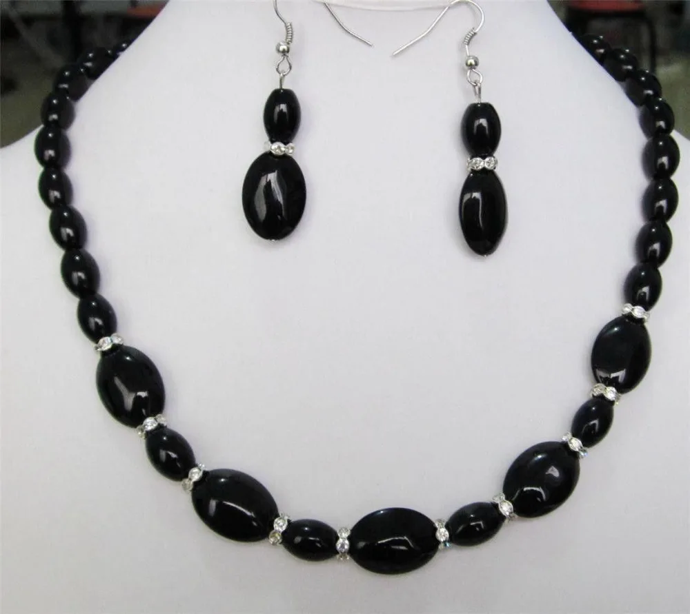 Фото 8x12 мм и 13x18 черный агат Ониксовые драгоценные камни ожерелье 18 &quotсерьги набор AAA **