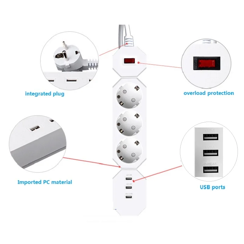 Умная удлинительная розетка 3USB для зарядки 3 AC EU UK внешний разветвитель розетки 1 8